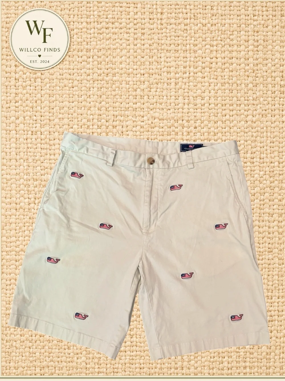 Vineyard Vines Men’s 36 Flag Whale Embroidered Breaker Shorts Khaki 9”